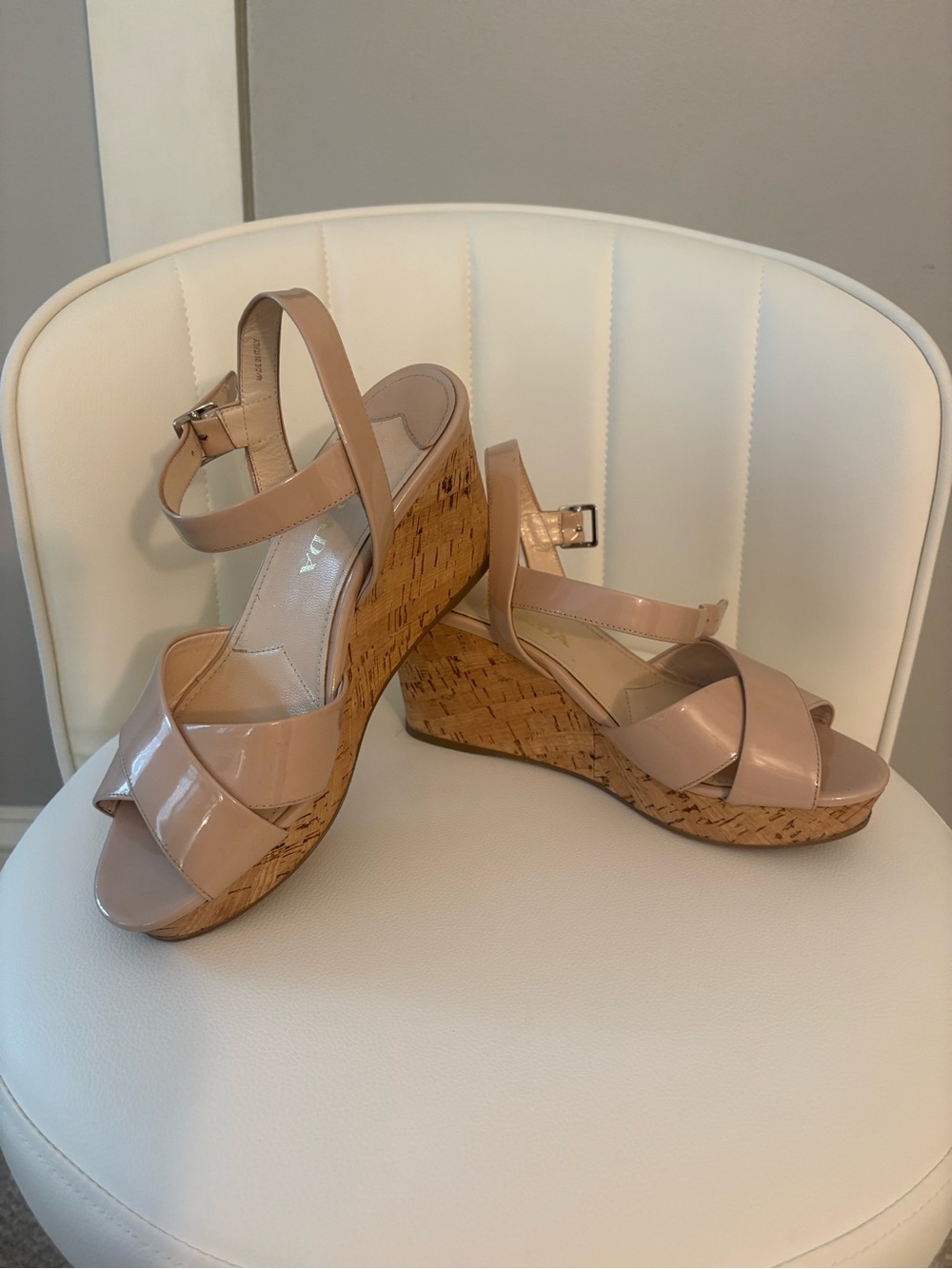 Prada Nude Patent Cork Wedge Sandals with Ankle Strap